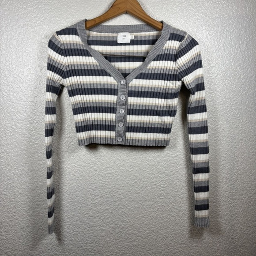 Luna Ivy Cardigan Small Medium S/M Striped Cropped Sweater Button Front V-neck